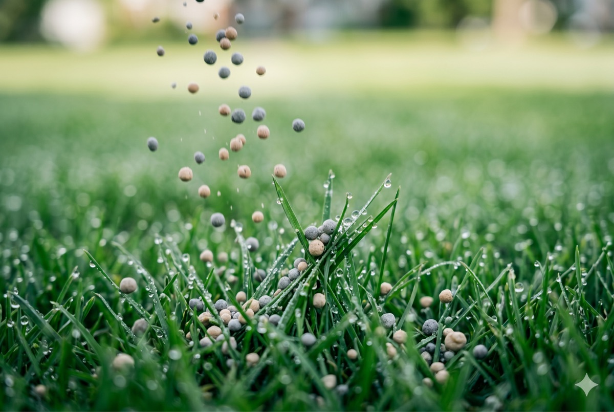 Lawn fertilizer granules falling onto green grass