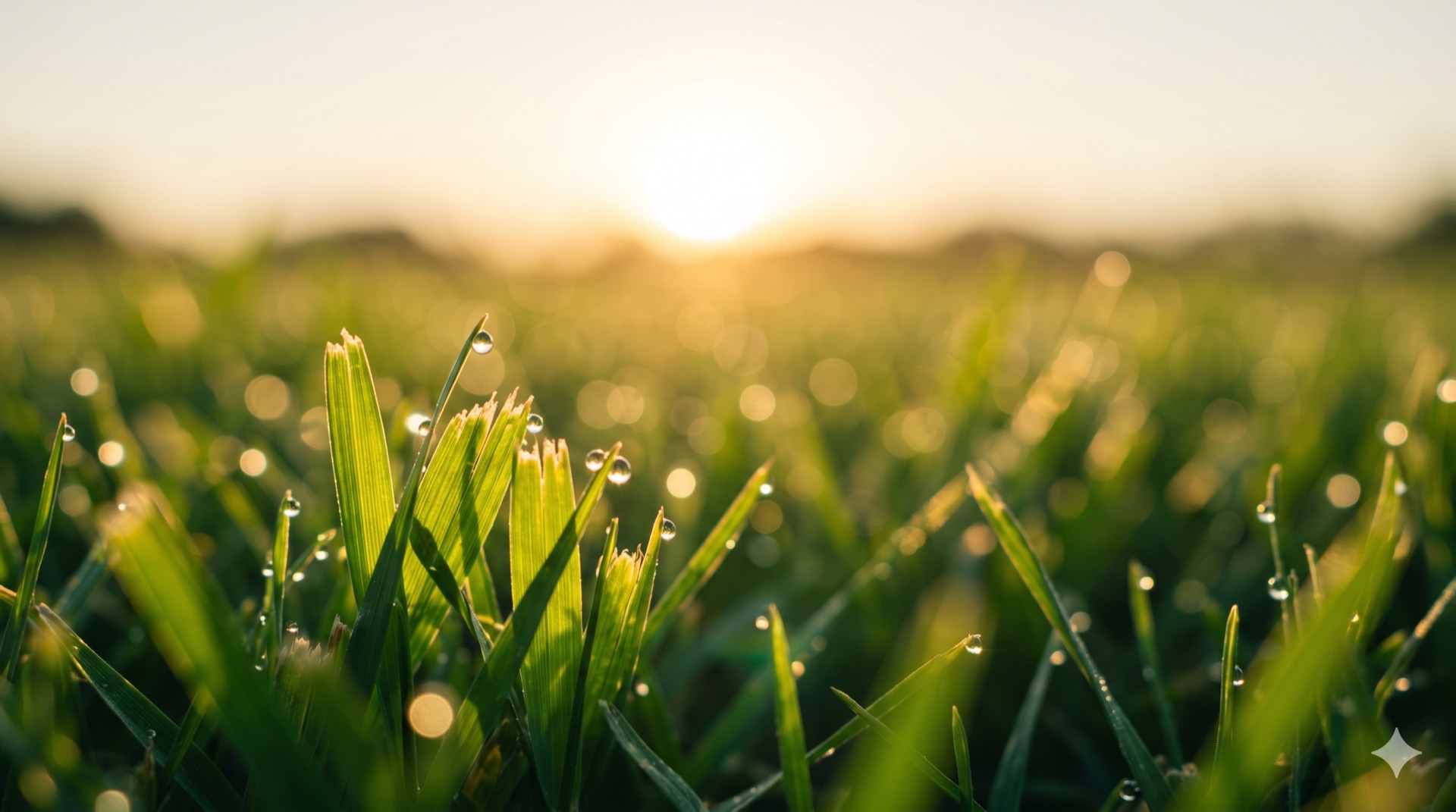 Dew on green grass backlit at sunrise