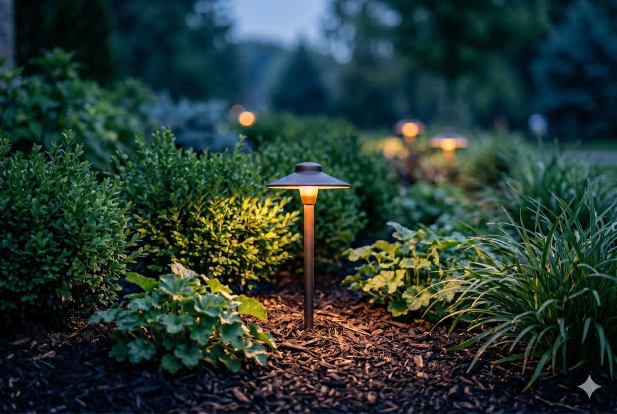 A low-voltage landscape light glowing in a planted bed at dusk