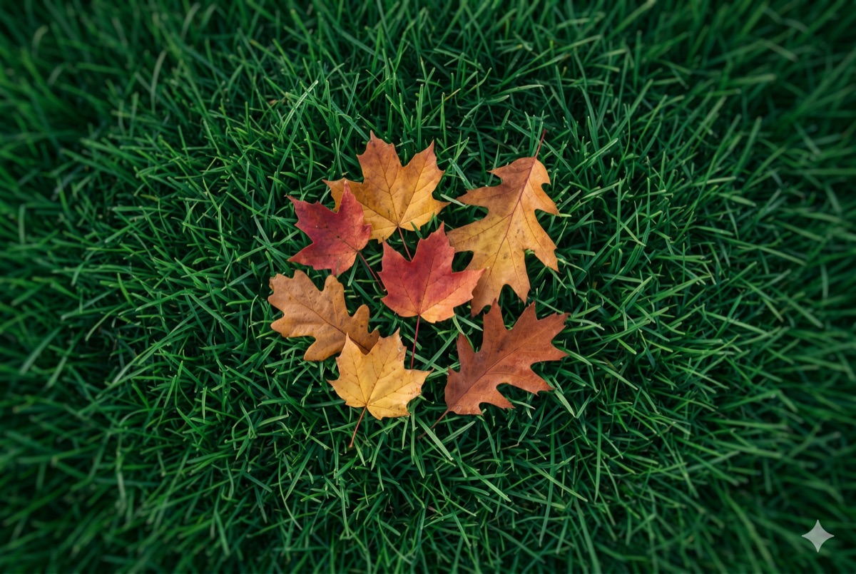 Autumn leaves scattered on a green lawn, seen from above