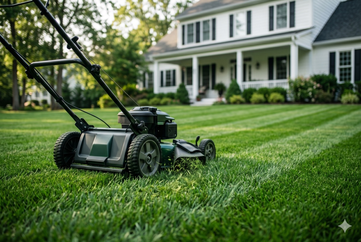 A modern lawn mower cutting a striped green lawn in front of a home